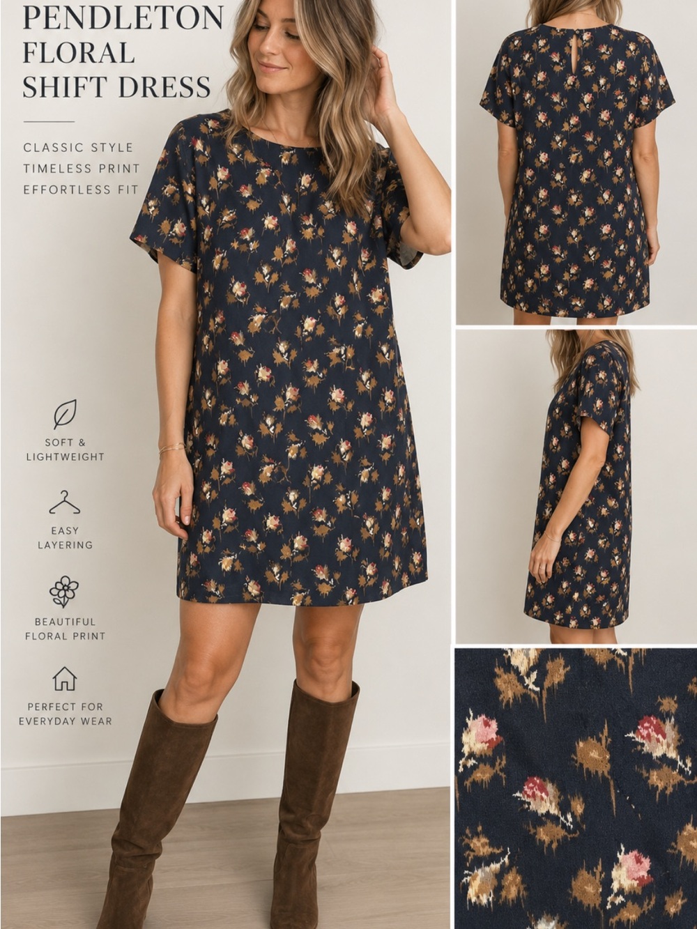 Pendleton Floral Shift Dress Size XL Navy Fall Cottagecore Short Sleeve
